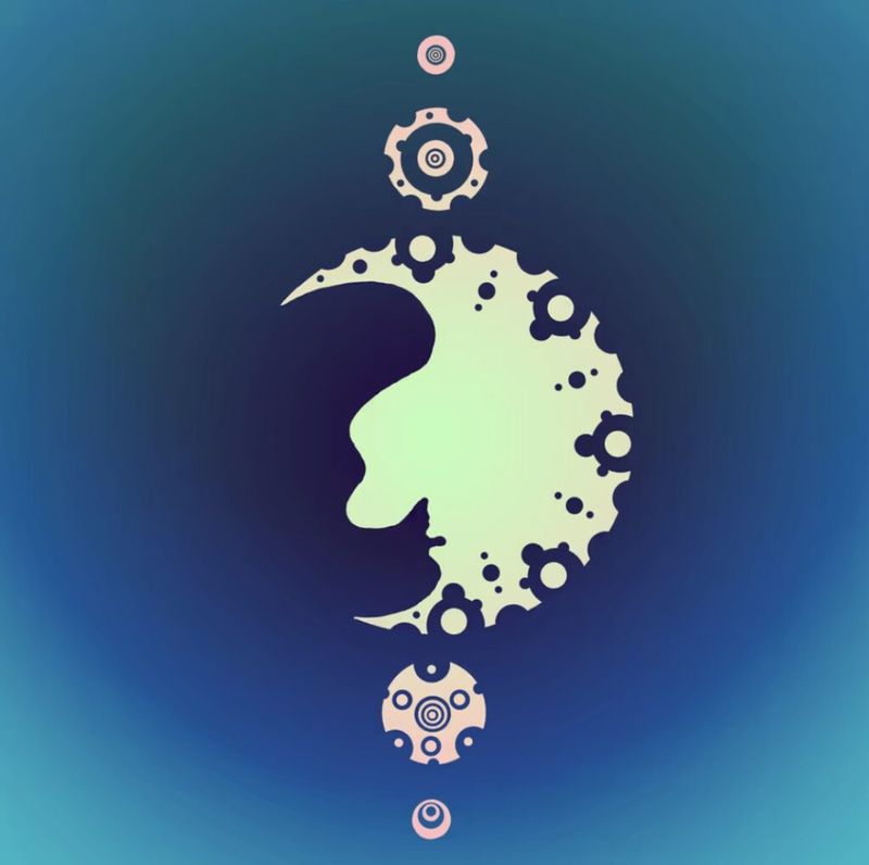 Abstract digital artwork featuring a pale fractal silhouette surrounded by circular gear shapes on a blue gradient background