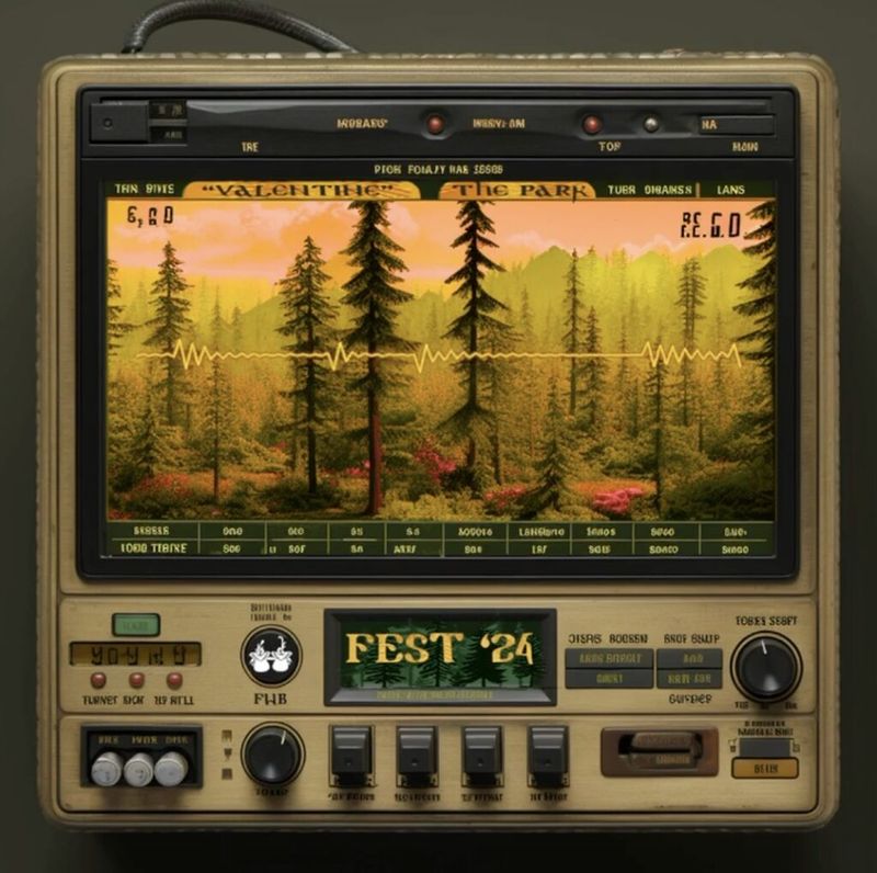NFT artwork titled Fest 24, depicting a retro boombox-style device with a screen showing a forested landscape at sunset and controls labeled Fest 24 on the front panel