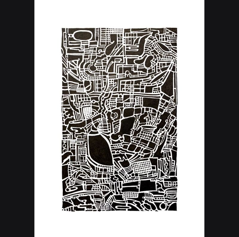 NFT artwork Metropoli Nocturnum, a black and white abstract print with dense interlocking lines evoking a city map or circuit board