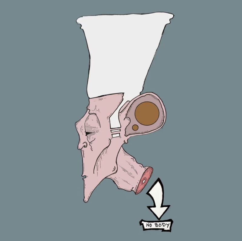 NFT artwork Mr. Nobody 004, an illustrated disembodied head in muted pink tones with a downward arrow labeled No Body beneath the severed neck