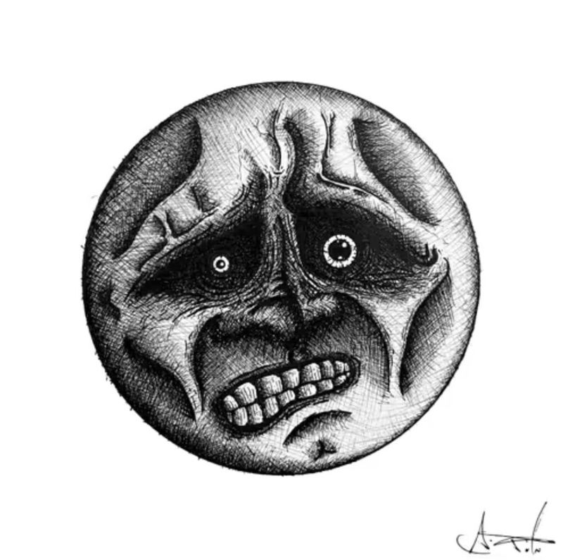 NFT artwork Qalaq, a detailed pen-and-ink circular illustration of a grimacing face with deeply creased skin and hollow eyes, artist signature in lower right