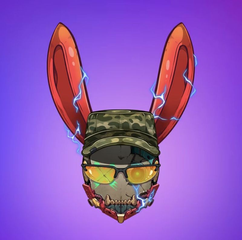 NFT artwork Rebel Rabbit 4733, a digital illustration of a skull with large red rabbit ears, a camouflage cap, holographic sunglasses, and blue electric lightning on a purple background
